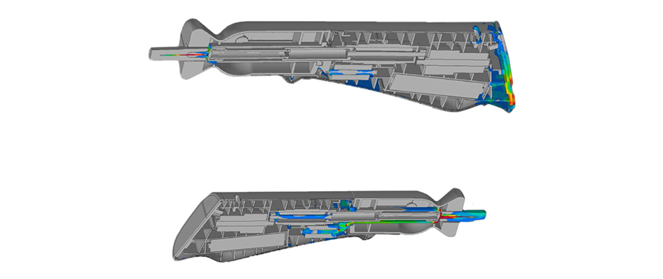 Simulation des Versagensverhaltens eines kurzfaserverstärkten thermoplastischen Werkstoffs.