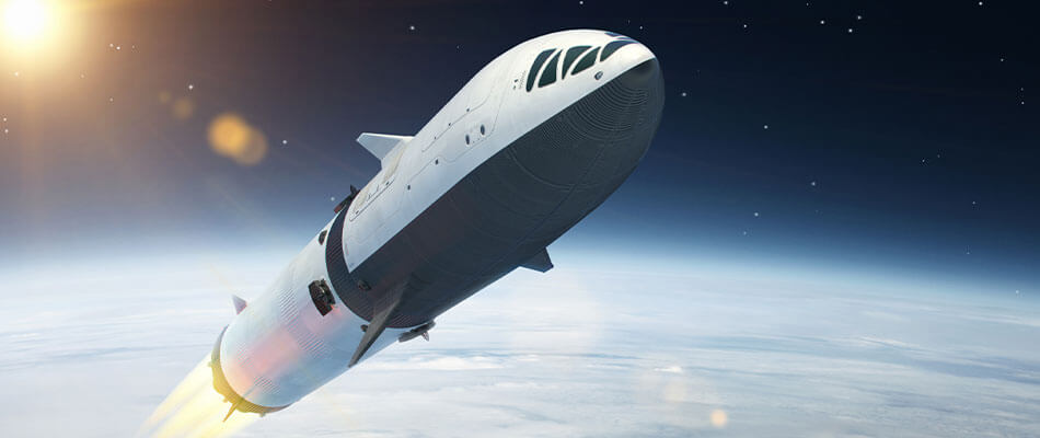Digitale Darstellung einer Weltraumrakete, die in die Erdatmosphäre eintritt